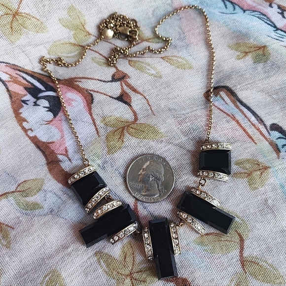 J. Crew Art Deco Jet Black Lucite Acrylic Oxidized Brass Tone Statement Necklace - Picture 5 of 10